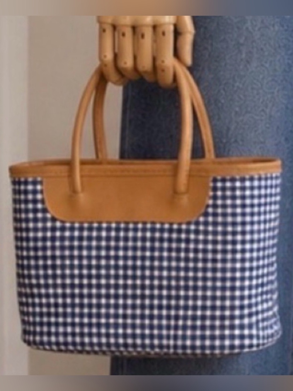 Reversible Blue Gingham Mini Tote Top Handle Bag